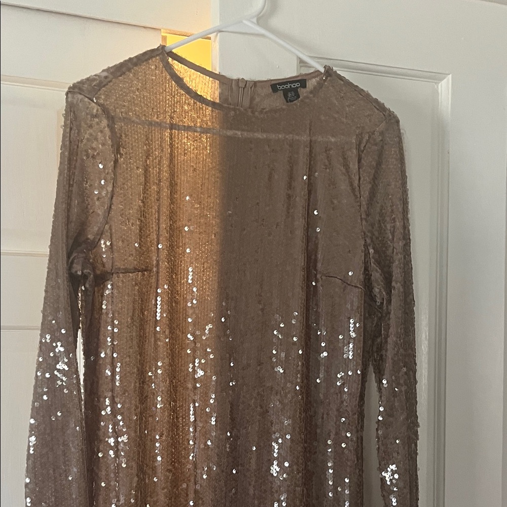 Boohoo Taupe Sequin Long Sleeve Midi Dress - Picture 8 of 10